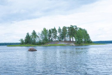 Yeşil kamışlarla çevrili çam yaprakları ve huş ağaçlarıyla çevrili ada ya da ada ya da ada tek başına granit taş ya da deniz ya da okyanus körfezi suları arasında kayadır. Kuzey manzarası, manzara ya da parlak renkler bulutlu yaz ya da sonbahar havasında