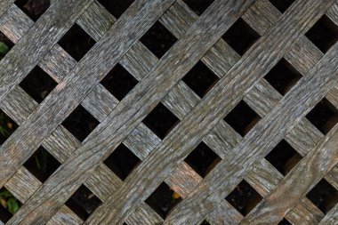 Kahverengi ahşap çit dokusu ve aralarında köşegen parmaklıklar ve siyah kare boşluklar var.