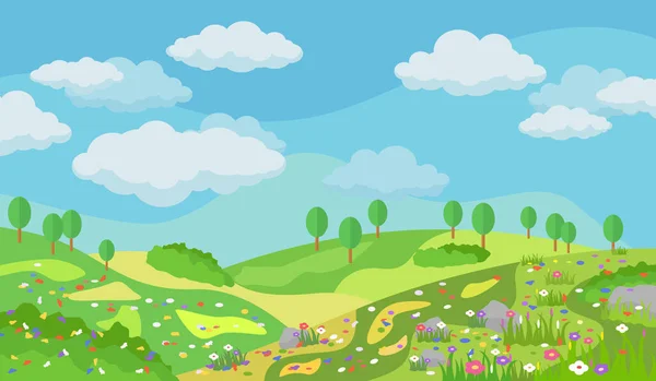 Ilustración Vectorial Hermoso Paisaje Verano Con Flores — Archivo Imágenes Vectoriales