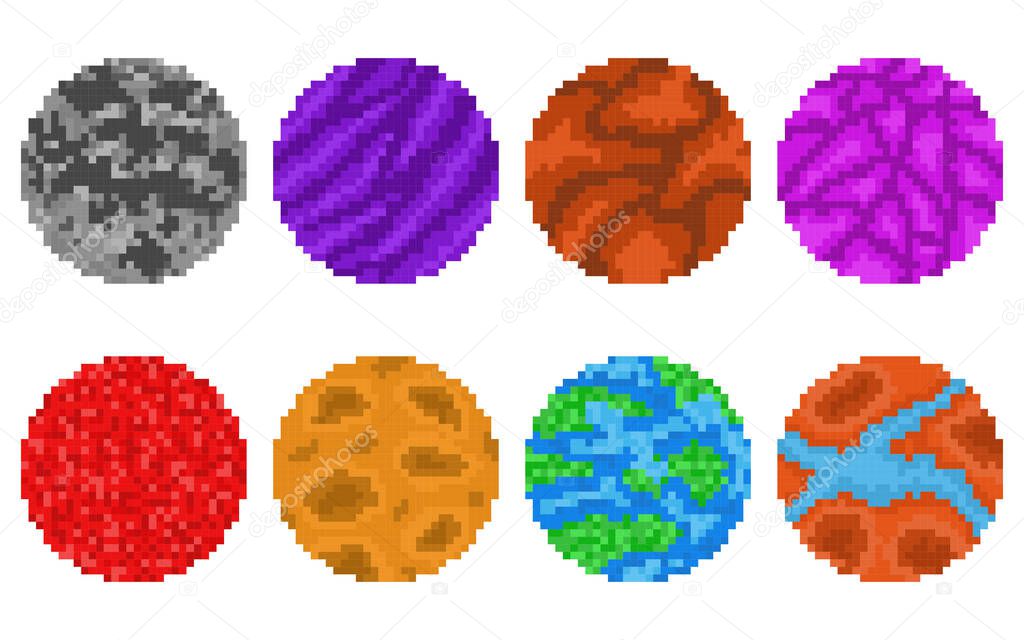 Pixel art planets isolated vector set
