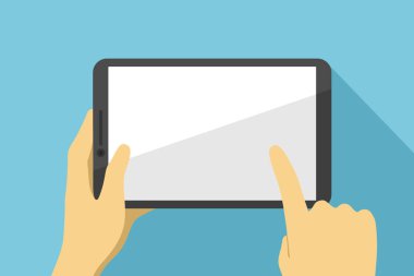 Tableti tutan ve beyaz ekranla dokunan el yazısı. Vektör illüstrasyonu