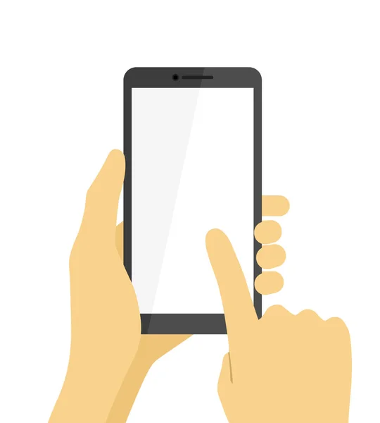 Beyaz ekran ile el ele tutuşan akıllı telefon ve parmak