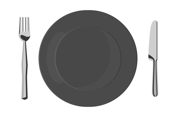 Empty black plate with fork and knife in flat design