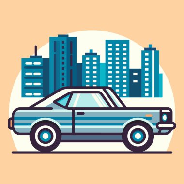 Şehir manzarasının önündeki uzun ve modern binalarla mavi retro arabanın vektör çizimi. Klasik araba ikonu. Biçimlendirilmiş klasik otomobil.