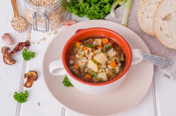 Vegan pearl arpa, sebze ve mantar çorbası