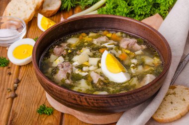 Taze otlar, sebzeler ve yumurta çorbası. Geleneksel Rus ve Ukraynalı yemeği.