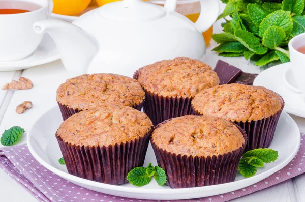 Muffins Pumpkin Walnuts Dark Chocolate Wheat Bran — Stock Photo, Image