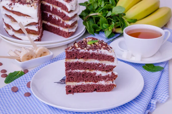 Gâteau Chocolat Avec Crème Bananes Style Rustique — Photo