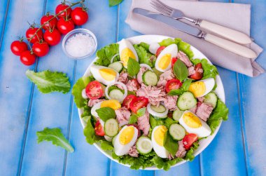 Ton balığı salatası marul yaprakları, haşlanmış yumurta, domates, salatalık, soğan ve fesleğen