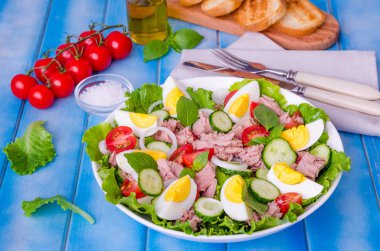 Ton balığı salatası marul yaprakları, haşlanmış yumurta, domates, salatalık, soğan ve fesleğen