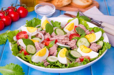 Ton balığı salatası marul yaprakları, haşlanmış yumurta, domates, salatalık, soğan ve fesleğen