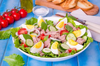 Ton balığı salatası marul yaprakları, haşlanmış yumurta, domates, salatalık, soğan ve fesleğen