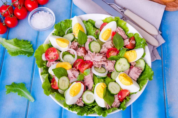 Ton balığı salatası marul yaprakları, haşlanmış yumurta, domates, salatalık, soğan ve fesleğen