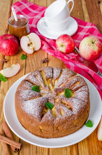 Tarçın ve karamel soslu lezzetli elmalı turta. Geleneksel kek Charlotte.