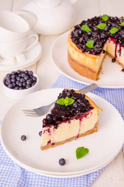Delicious Cream Cheesecake Lemon Zest Blueberry Jam — Stock Photo, Image
