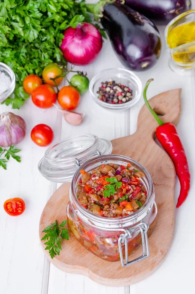 Caviar Berenjena Con Tomates Pimiento Asado Frasco Vidrio — Foto de Stock