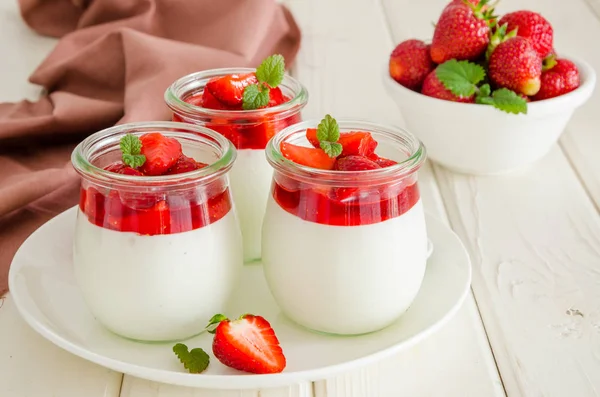 Dietary Creamy Yogurt Panna Cotta Fresh Strawberry Sauce Glass Jars — Stock Photo, Image