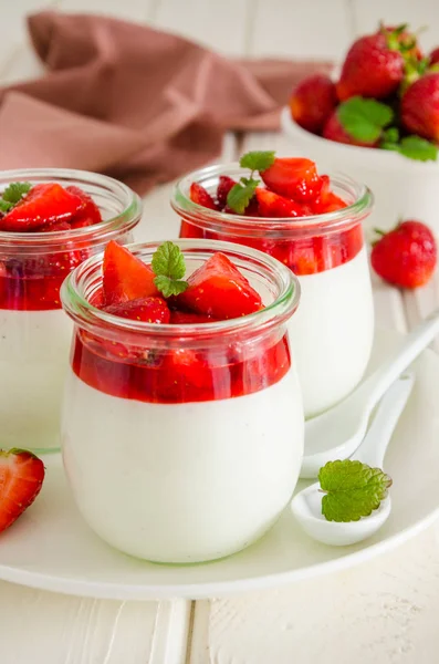 Dietary Creamy Yogurt Panna Cotta Fresh Strawberry Sauce Glass Jars — Stock Photo, Image