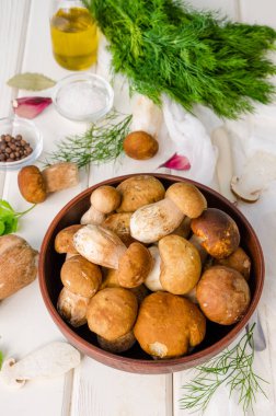 Ahşap bir arka planda baharatlar ve taze otlar ile bir kase taze orman beyaz mantar