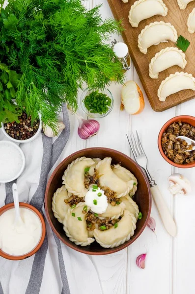 Boiled Dumplings Vareniki Potatoes Fried Mushrooms Onions Bowl Sour Cream — Stock Photo, Image