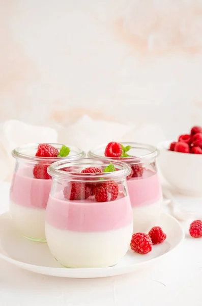 Raspberry Yogurt Panna Cotta Mousse Fresh Raspberries Top Jars Light — Stock Photo, Image