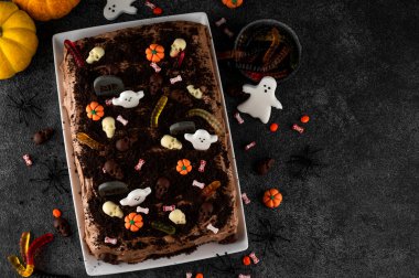 Cadılar Bayramı çikolatalı keki. Çikolata kremalı kek, solucanlar, kafatasları, hayaletler, balkabakları ve şeker parçacıkları ile süslenmiş koyu bir arka planda
