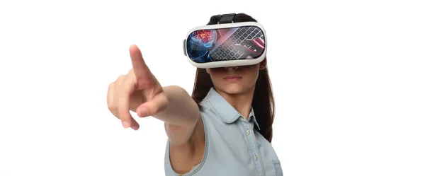 Niña Con Gafas Realidad Virtual Sobre Fondo Blanco —  Fotos de Stock