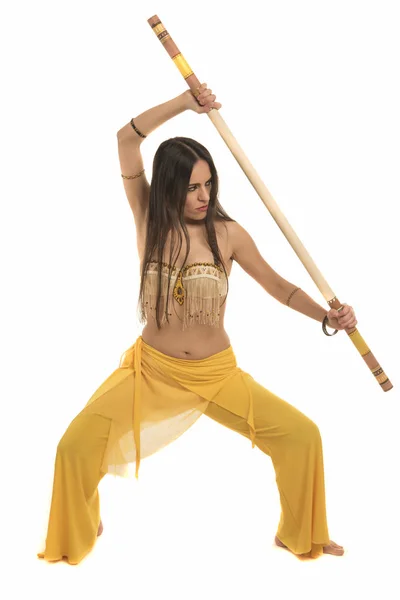 Beautiful Young Woman Yellow Dress Sword — 图库照片