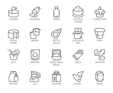 içecekler ve gıda izole 20 doğrusal simgeleri. Süt üretmek, makarna, tatlılar, deniz ürünleri ve diğer kontur logolar. Mutfak ve pişirme tema. Vektör çarşı, marketler, menü, tematik siteleri ve uygulamaları