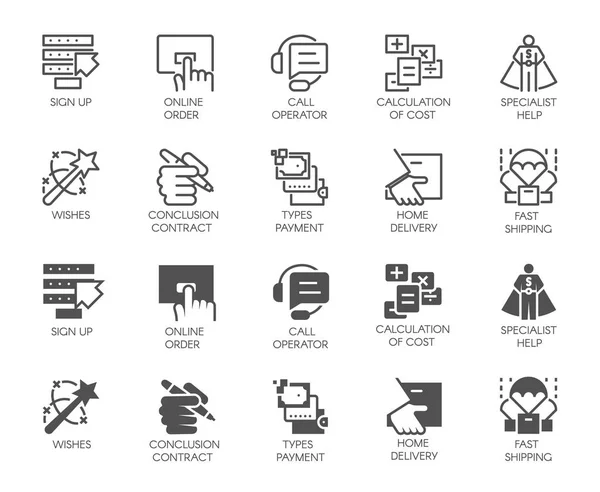 Ensemble de boutons de service en ligne. 10 icônes dans les conceptions linéaires et glyphe. Opérateur d'appel, livraison à domicile, aide spécialisée, signature de contrat, calcul des coûts et autres étiquettes. Illustration vectorielle isolée — Image vectorielle