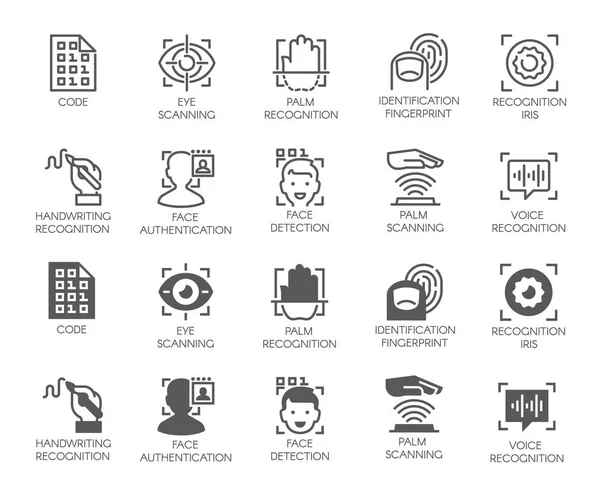 Satz biometrischer Tasten. 10 Symbole in linearen und glyphen Designs. Autorisierungs-, Identifizierungs- und Verifizierungssymbole. Fingerabdruckerkennung, Augen- und Handflächenscanner, Gesichts- und Sprachauthentifizierung — Stockvektor