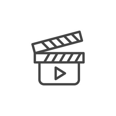 Film Klaket anahat simgesi. Sinema sembolü. Clapper kurulu çizgi amblemi. Aracı video sahneleri, sinematografi etiket ateş etmek. Film Prodüksiyon, kavram. Vektör çizim üzerinde beyaz izole