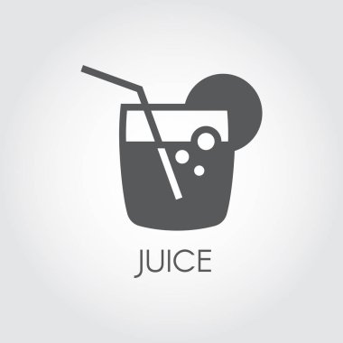 Suyu glif simgesi. İçecek, saman ve limon veya limon dilimi ile cam. Siyah düz stil simgesini. Soyut içki, limonata ya da kokteyl grafik web etiket. Gıda kontur serisi. Vektör çizim