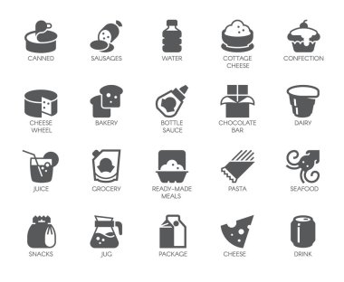 İçecek ve gıda glif simgeler. izole 20 siyah düz etiketleri. Süt, şeker, deniz ürünleri ve diğer yemek logolar. Mutfak ve gastronomi kavramı. Vektör düğme için marketler ve diğer tasarım ihtiyaçlarını