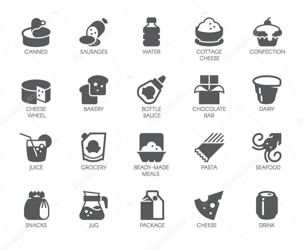 Drink and food glyph icons. 20 black flat labels isolated. Dairy, sweets, seafood and other meal logos. Culinary and gastronomy concept. Vector button for grocery stores and other design needs