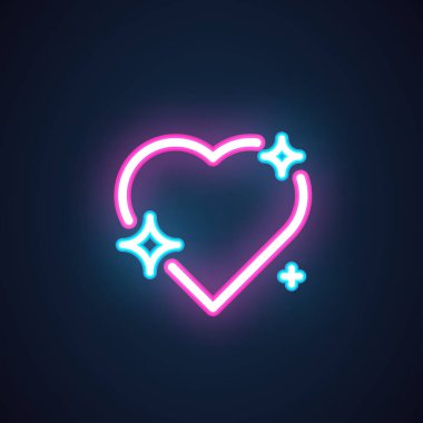 Pembe neon kalp siyah izole mavi yıldız. Romantik sembol. Alışveriş işareti simgesi, düğme sevgi sohbet için tatil Sevgililer günü için dekorasyon unsuru. Vektör çizim