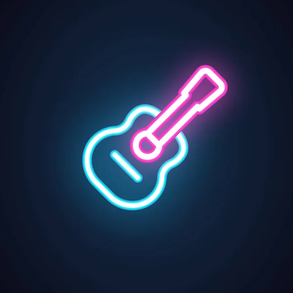 Gitarre Neon-Ikone. Leuchtreklame für Musikgeschäfte, Diskotheken, Bars, Kneipen, Konzerte, Schulungen. Musikinstrument glühend Etikett. Werbeelement für Hinweisschilder. Vektor isoliert auf schwarz — Stockvektor