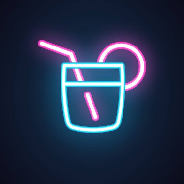 Kokteyl neon simgesi. Cam dilim limon ve saman ile iç. Alkol vurdu. Kavram etiket aydınlatılmış partiler, olaylar, bar, Restoran, kafe için. Vektör illüstrasyon izole siyah