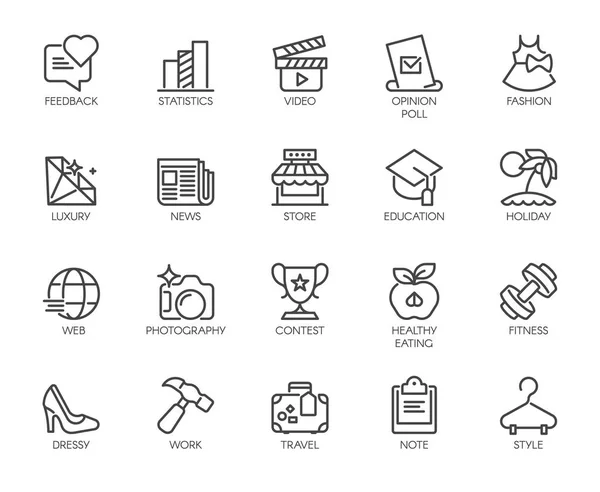 20 linear icons on fashion, leisure, sports, hobby, healthy lifestyle, freedom theme. Simplicity outline label for infographic, print, sites and mobile apps. Vector illustration isolated on white — Stock Vector