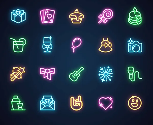 Neon icons voor muziek, vakantie, Romantisch, partijthema. Set van 20 schijnt fluorescerende etiketten geïsoleerd op zwarte achtergrond. Reclame leidde logo. Vectorillustratie Vectorbeelden