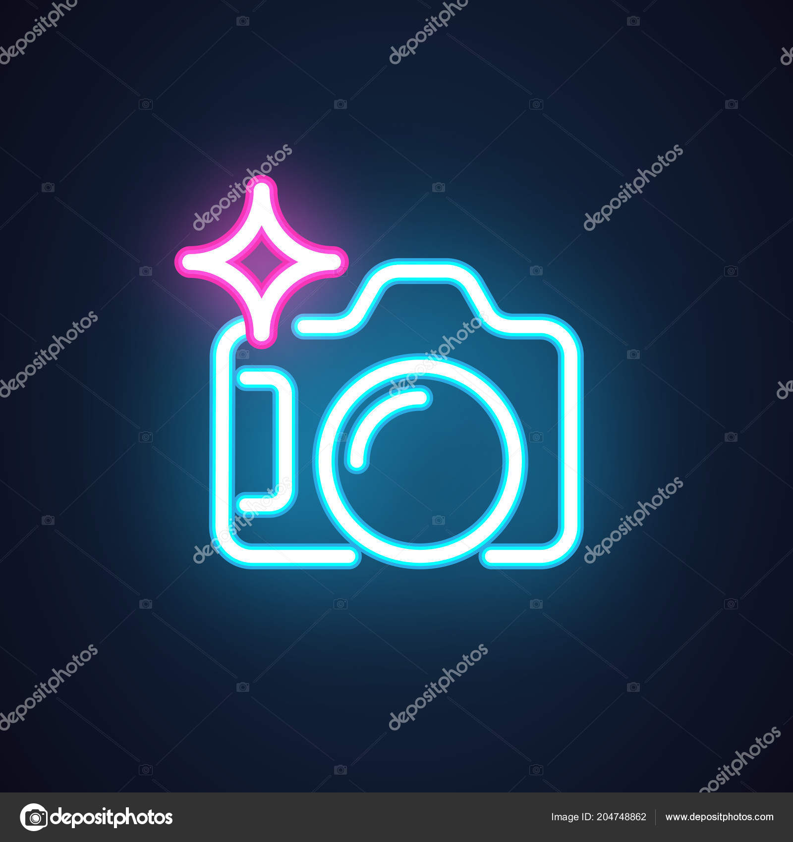 Photo camera neon icon isolated on black background. Studio concept label  or interface pictogram for games, websites and mobile apps. Photography  symbol. Vector illustration Stock Vector Image by ©Fish- #204748862