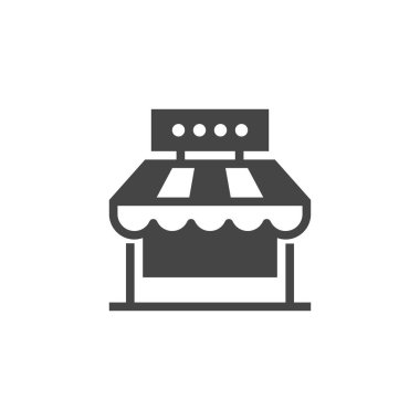 Pazar dükkanı glif simgesi. Kiosk, mağaza, perakende grafik piktogram. Sokak gıda veya Cafe konsept siyah düz etiket. Logo Ticari pazar yeri. Vektör çizim üzerinde beyaz izole