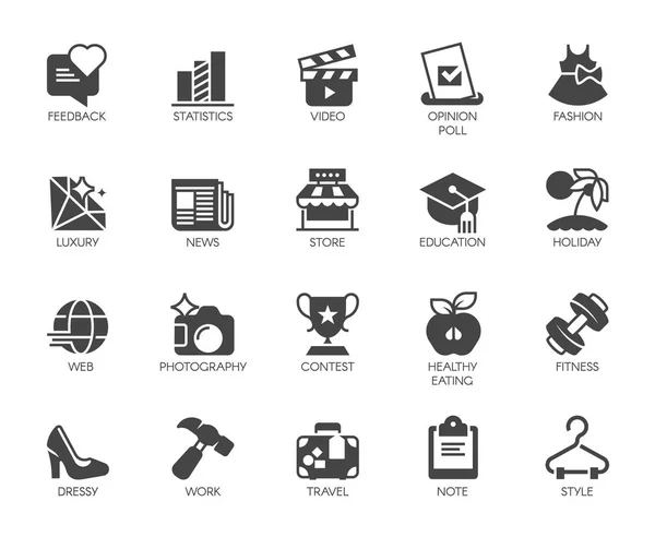 20 Symbole für Mode, Sport, Hobby und gesunden Lebensstil. Einfachheit schwarzes Flachetikett für Infografiken, Schaltflächen, Webseiten und mobile Apps. Vektorabbildung isoliert auf weiß — Stockvektor