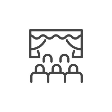 İnsanlar tiyatro veya sinema satırı simgesi. Performans, tanıtım, seminer, webinar veya diğer olaylar kavramı etiketi ile ilgilenen. Anahat web resim. Vektör illüstrasyon izole