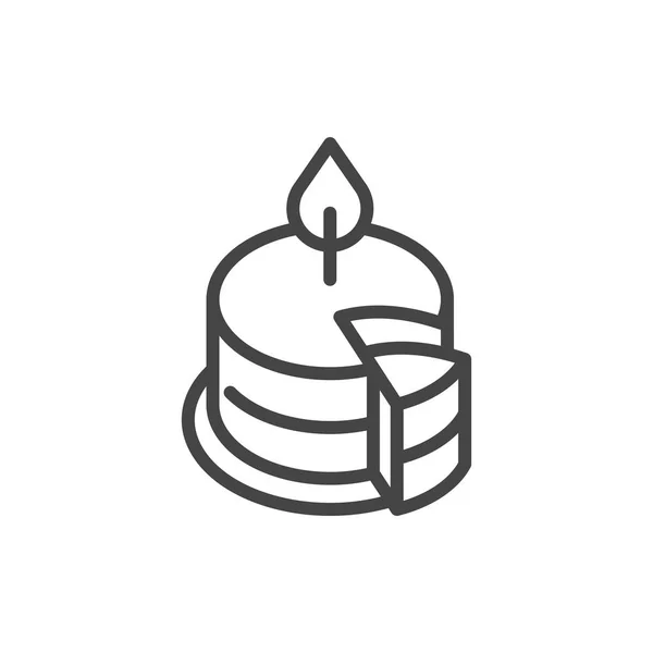 Gâteau d'anniversaire avec icône de contour de bougie brûlante. Symbole de fête, fête, événement, anniversaire. Douce étiquette de ligne de dessert. Pictogramme Web. Illustration vectorielle isolée sur fond blanc — Image vectorielle