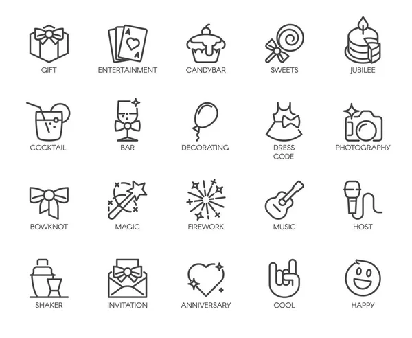 设置20个线性图标的主题音乐, 聚会, 娱乐, 事件。图形 web 元素。大纲徽标。在白色背景上隔离的矢量插图 — 图库矢量图片