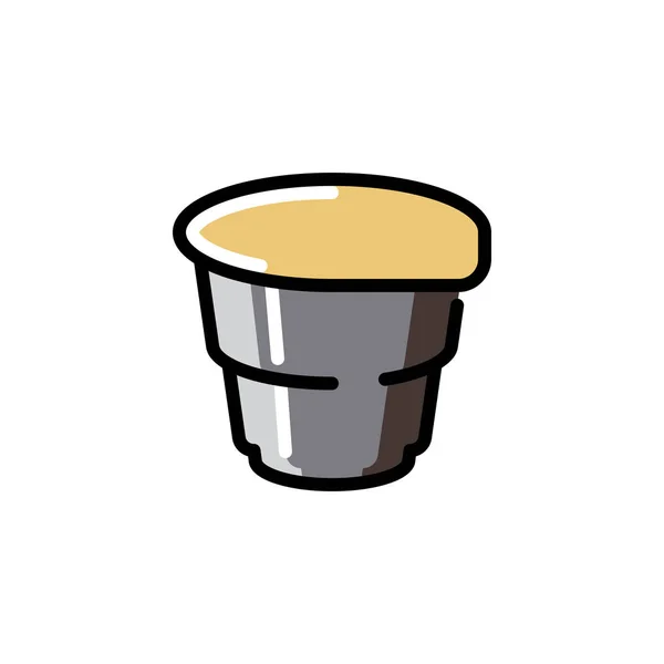 Чашка кофе или икона концепции йогурта. Емкость с жидкой цветной этикеткой. Изображение на кулинарную тему. Векторная иллюстрация на белом фоне — стоковый вектор
