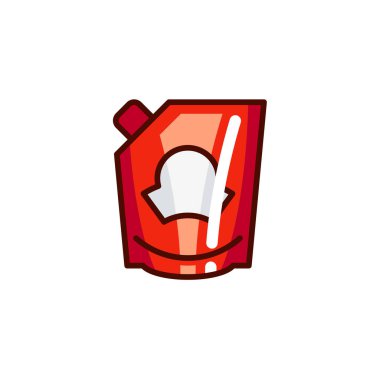 Sos ambalaj simgesi. Baharat sembolü yemek pişirmek için. Gıda içerikler tüp - ketçap, mayonez, hardal amblemi. Süpermarketler, pazarlar, için etiket depolar. Mutfak tema renk serisi. İzole vektör