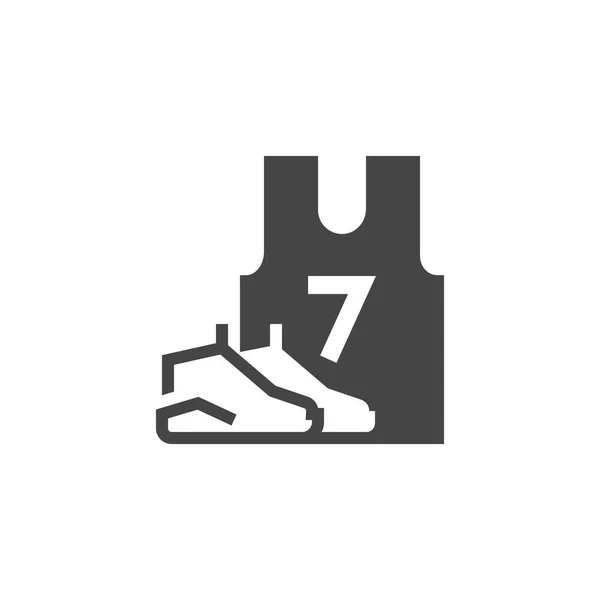 Baskets et T-shirt avec numéro 7. Icône plate noire de vêtements de sport. Uniforme unisexe pour les membres des jeux d'équipe. Emblème des vêtements décontractés pour les magasins. Illustration vectorielle isolée — Image vectorielle