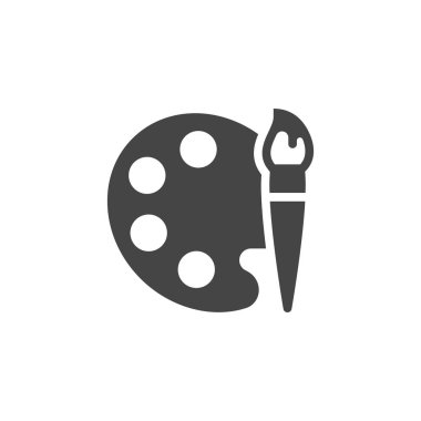 Palet boya ve fırça simgesi. Sembol çizim, sanat eğitimi. Sanatçılar için bir araç. Grafik düz işareti. Web arabirimi etiket. Beyaz arka plan üzerinde izole vektör çizim